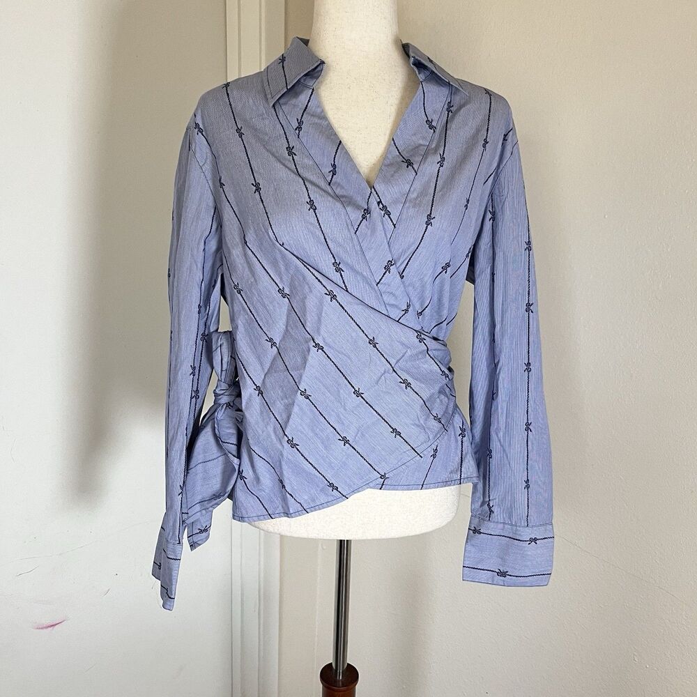 Talbots Sz 16 wrap long sleeve blue career blouse sweet bow pattern Chic